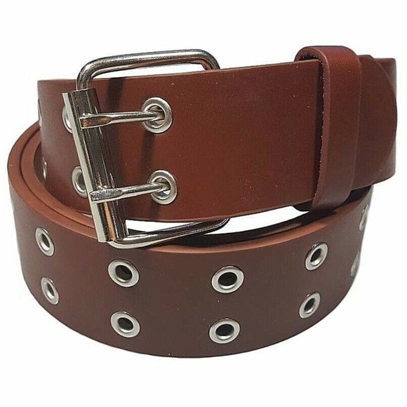 Men's Genuine Leather 2 Belts Brown Two hole metal grommet casual belt LARGE - Picture 2 of 3